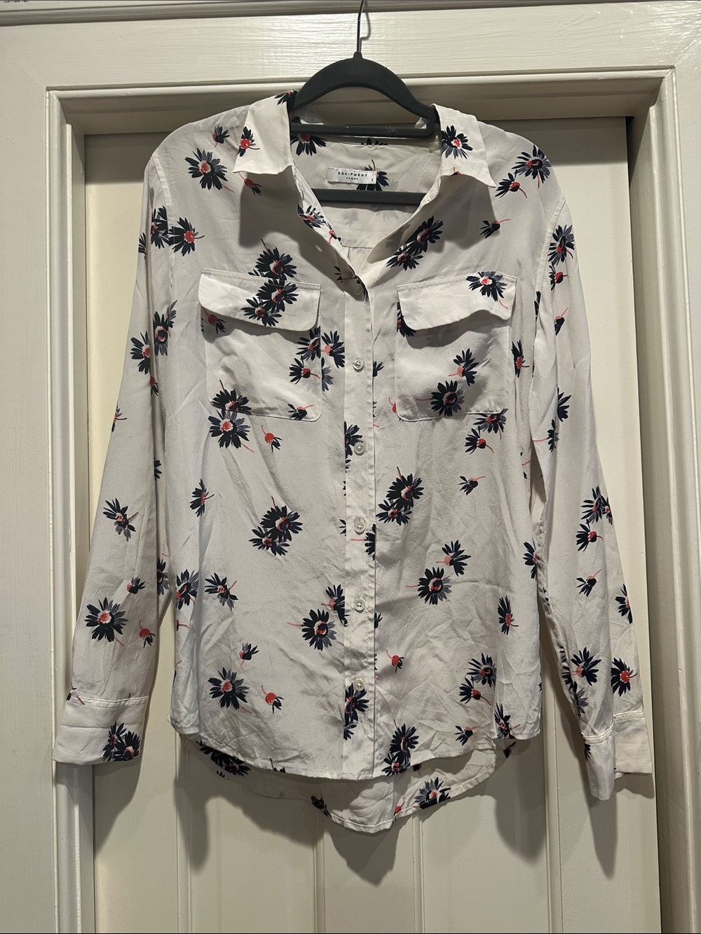 Equipment White Floral Button-Down Shirt with Navy & Coral Accents